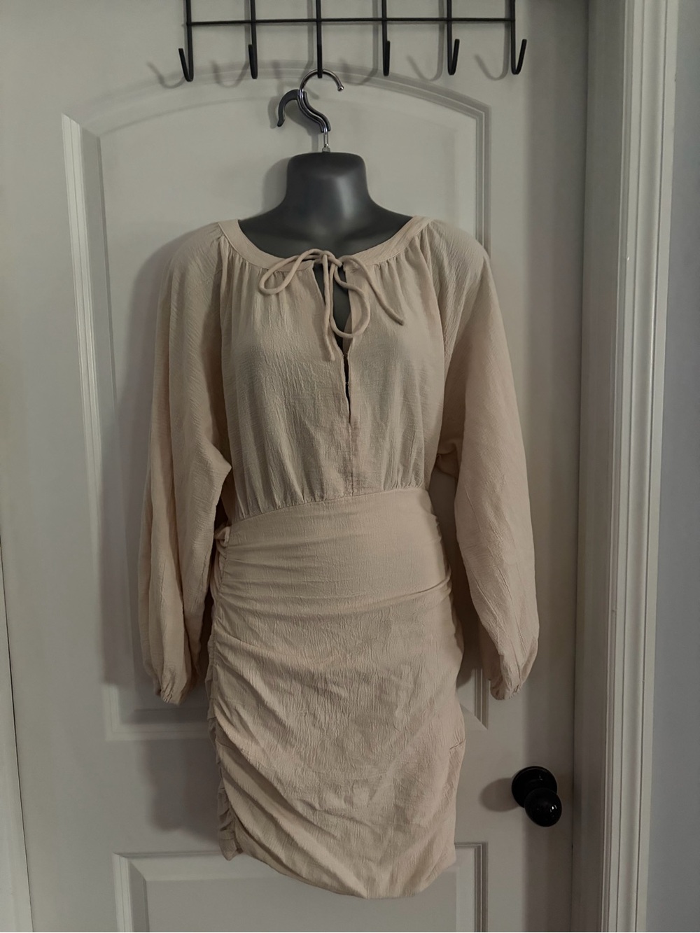 Free People Cream Long-Sleeve Tie-Neck Ruched Mini Dress
